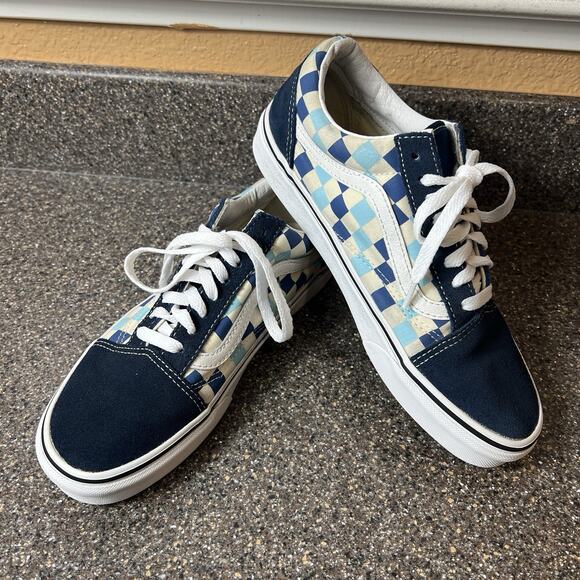 VANS Old Skool Blue Check Suede Canvas Skate Shoes Womens Sz 8.5 Low Top Lace Up - Picture 2 of 11